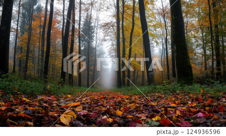 misty morning in autumn forest with colorful leaves on ground 124936596