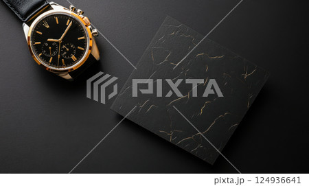 Luxurious watch and elegant black card on dark surface, showcasing sophistication 124936641