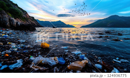 large oceanic garbage patch with plastic waste on shore at sunset large oceanic garbage patch with plastic waste on shore at sunset 124936775