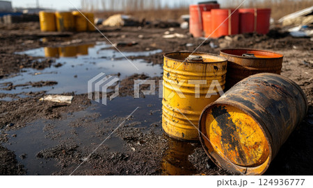 Toxic waste barrels in polluted area with puddles and debris 124936777
