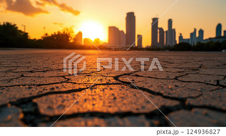 Cracked pavement under sunset in urban setting, showcasing heat Cracked pavement under sunset in urban setting, showcasing heat 124936827
