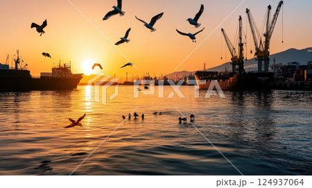 Sunset over harbor with ships, birds flying, and cranes silhouetted 124937064