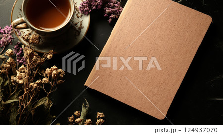 cozy scene featuring hardcover notebook, tea, and dried flowers 124937070