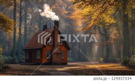 Autumnal cabin in a sunlit forest 124937334