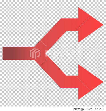 A simple right-pointing arrow branching with a red gradient 124937349