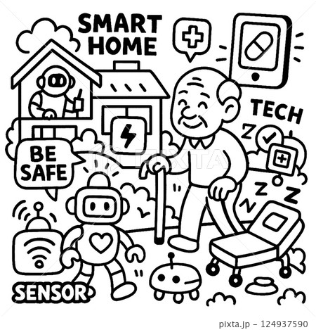 Smart home technology for elderly care illustration 124937590