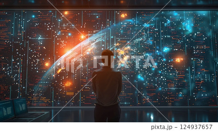 Man Overlooks Digital Galaxy in Futuristic Control Room with Holographic Displays 124937657