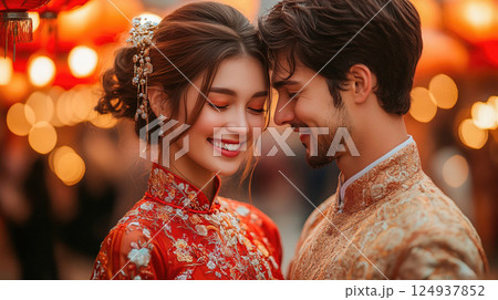 A romantic couple dressed in elegant traditional attire shares a tender moment during a festive Chinese celebration, surrounded by glowing lanterns and a warm, joyful atmosphere. 124937852