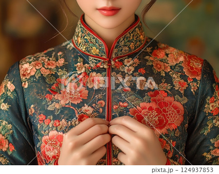A close-up of elegant traditional Chinese attire featuring intricate floral embroidery in vibrant red and gold tones, symbolizing prosperity and grace during Chinese New Year celebrations. A close-up of elegant traditional Chinese attire featuring intricate floral embroidery in vibrant red and gold tones, symbolizing prosperity and grace during Chinese New Year celebrations. 124937853