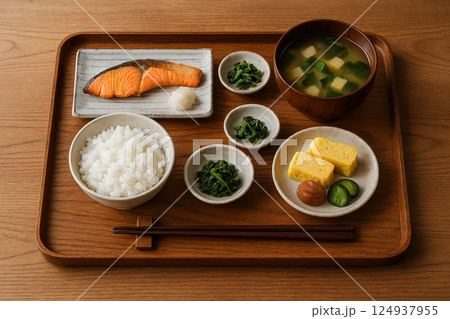 和定食の朝ごはんセット 木製トレーの上の健康食 124937955