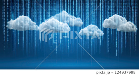 Abstract representation of cloud computing with floating clouds and binary code background 124937999