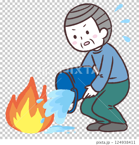 一位老人驚慌失措地救火的插圖 124938411