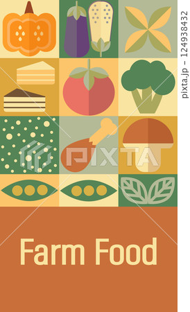 Farm Food and Organic Market Posters, Artisanal. Vegetable abstract geometric pattern. Mosaic scandinavian background. Agriculture and farming background, in Bauhaus style. 124938432