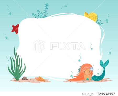 Vector frame with red haired mermaid and sea elements, isolated on white 124938457