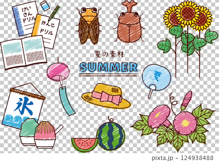 夏季手繪彩色插圖套裝 124938488