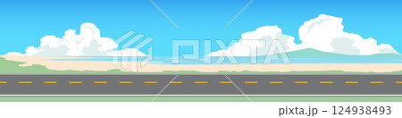 Horizontal and Landscape view of asphalt road with sea beach. Empty road and meadow on sand beach. background of island under white clouds and blue sky. 124938493