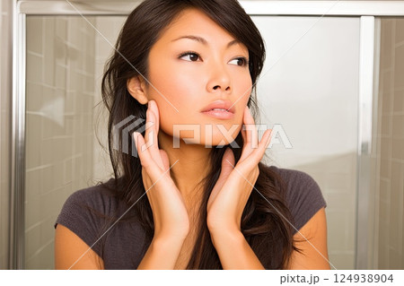 30 year old Asian woman applying moisturizer to her face. Skin beauty and elasticity. The woman’s careful application of moisturizer reflects her dedication to maintaining beautiful skin. 124938904