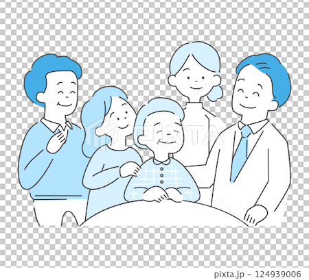 家人、醫生和護士圍繞著病人的向量插圖 124939006