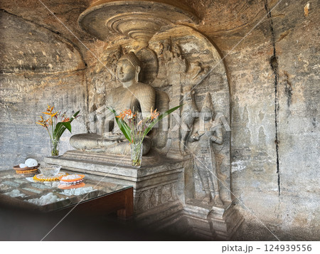 ガル・ヴィハーラの石窟内の仏像、金網の向こう、ポロンナルワ遺跡、世界遺産 124939556
