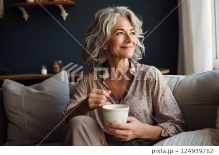 Joyful Mature Woman Enjoying Coffee on a Sofa in a Contemporary Living Room. Generative ai Joyful Mature Woman Enjoying Coffee on a Sofa in a Contemporary Living Room. Generative ai 124939782