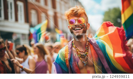 Joyful Gay Man Celebrating Pride Month with Enthusiasm. Generative ai 124939811