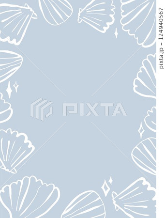 Hand-drawn marine frame with shells and starfish. White vector doodle on light blue background Hand-drawn marine frame with shells and starfish. White vector doodle on light blue background 124940567