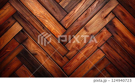 高級感あふれるヘリンボーン木製パネル - 温かみのある自然な木目模様の寄木細工フローリング背景 124940723