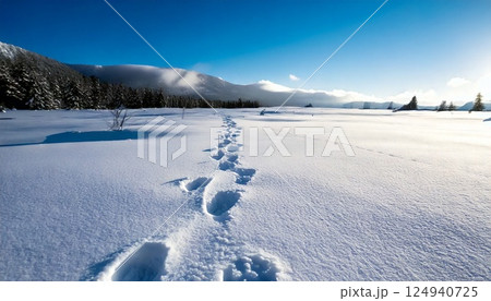 新雪の中の足跡 - 壮大な山の風景と澄み切った青空の下、雪原を横切る冬の散歩道 新雪の中の足跡 - 壮大な山の風景と澄み切った青空の下、雪原を横切る冬の散歩道 124940725