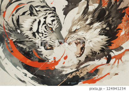 和紙に描かれた白虎と幻獣が激しく対峙する筆画アート 124941234
