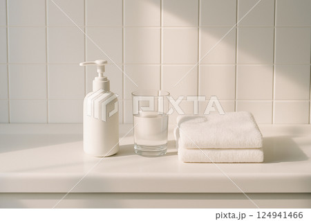清潔感漂うバスルームの静物構図 / Minimalist Bathroom Still Life 124941466