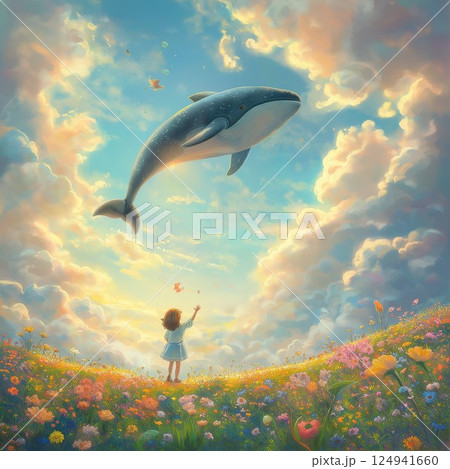 A child playing with a flying whale in the sky meadow, sunlight glowing, bright clouds, colorful flowers, ultra-detailed, surreal joy 124941660