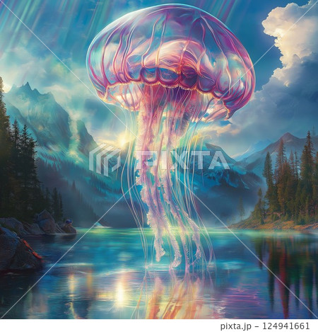 A giant transparent jellyfish floating above a crystal lake under bright sun, rainbow reflections, vivid colors, ultra-sharp dreamy realism 124941661