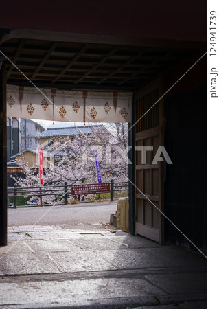 長建寺竜宮門から見える伏見十石舟の桜並木（京都市伏見区） 124941739