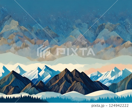 北アルプスの山並み　イラスト 124942222