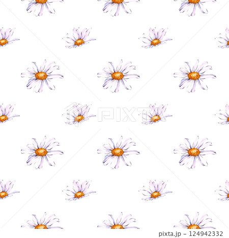 Watercolor floral pattern with white daisies. Seamless background with wildflowers. Hand-painted illustration. 124942332