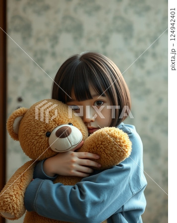 くまのぬいぐるみを抱きしめている日本人の女の子 くまのぬいぐるみを抱きしめている日本人の女の子 124942401
