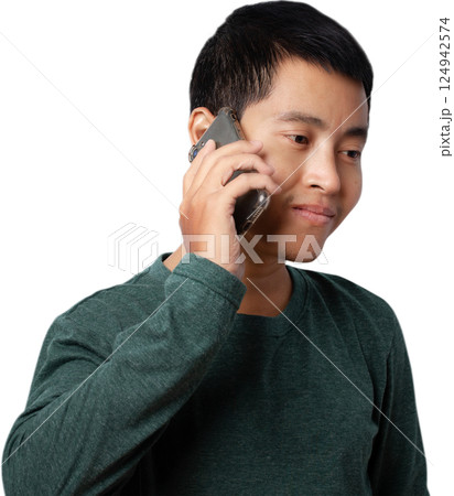 Asian man talking smartphone. Asian man talking smartphone. 124942574