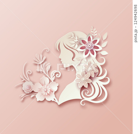 Elegant Paper Cut Woman with Floral Beauty for International Women's Day 124942698