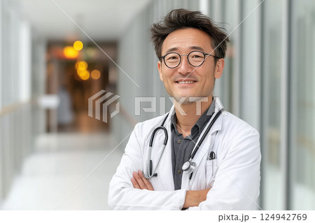 病院の通路で腕組みをして立つ眼鏡をかけた50代のミドル男性医師 124942769