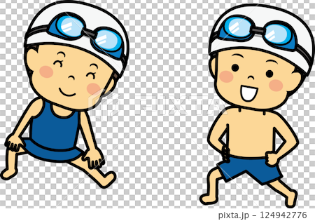 男孩和女孩穿著泳衣做熱身運動 124942776