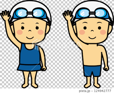 孩子們，男孩和女孩，穿著泳衣舉起手 124942777