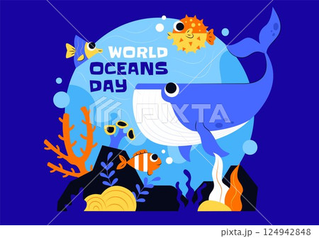 World Oceans Day Vector Illustration to Help Protect and Conserve the Ocean, Marine Life, Ecosystems, and Sea Plants in a Flat Cartoon Background World Oceans Day Vector Illustration to Help Protect and Conserve the Ocean, Marine Life, Ecosystems, and Sea Plants in a Flat Cartoon Background 124942848