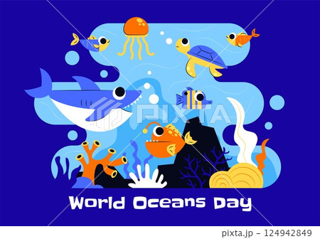 World Oceans Day Vector Illustration to Help Protect and Conserve the Ocean, Marine Life, Ecosystems, and Sea Plants in a Flat Cartoon Background World Oceans Day Vector Illustration to Help Protect and Conserve the Ocean, Marine Life, Ecosystems, and Sea Plants in a Flat Cartoon Background 124942849