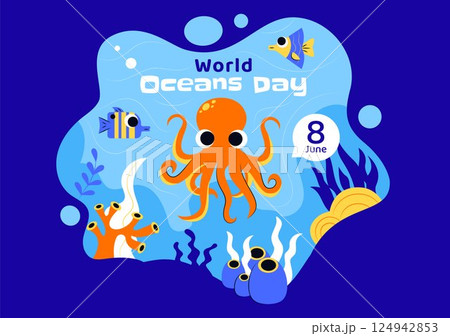 World Oceans Day Vector Illustration to Help Protect and Conserve the Ocean, Marine Life, Ecosystems, and Sea Plants in a Flat Cartoon Background 124942853