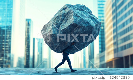 the burden of financial and work-related stress. A businessman in a suit struggles to carry a massive stone on his back while walking through a busy cityscape 124942859