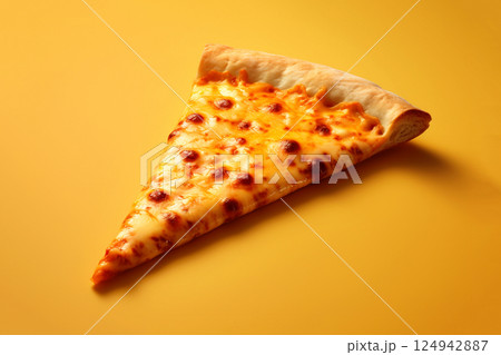 A close-up of a cheesy pizza slice with melted goodness, set against a vibrant yellow background. The bold colors and mouth-watering details 124942887