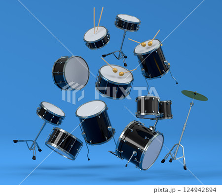 Set of drums with metal cymbals on blue background. 3d render of musical percussion instrument, drum machine and drumset with heavy metal guitar for rock festival poster 124942894