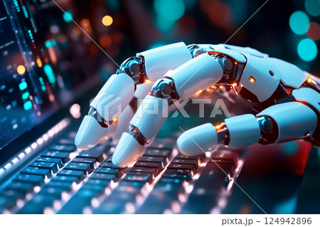 A close-up of a robotic hand typing on a laptop keyboard, symbolizing the integration of artificial intelligence and modern technology. The sleek, metallic fingers 124942896