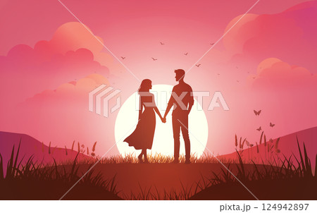 Romantic Couple Silhouette at Sunset with Heart and Nature Scene Romantic Couple Silhouette at Sunset with Heart and Nature Scene 124942897