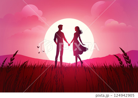 Couple in Love at Sunset in a Serene Wheat Field Couple in Love at Sunset in a Serene Wheat Field 124942905